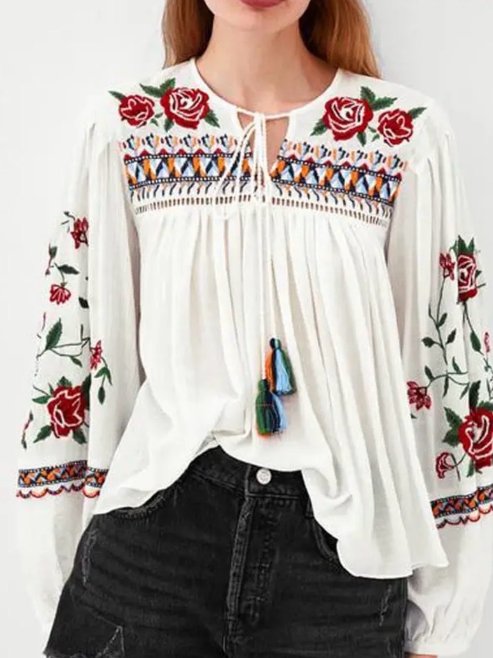 Zara White Peasant Blouse Red Rose Embroidery boho balloon sleeve sz small